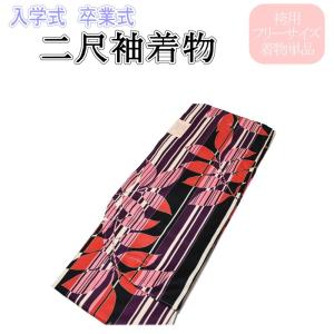 二尺袖着物 単品 仕立て上がり 綸子地 合繊 百花繚乱 朱赤色 卒業式