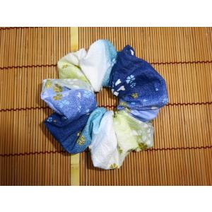 和柄シュシュ　グラデーション　花柄（桜）　青色　約11ｃｍ｜wagara-ooyamato