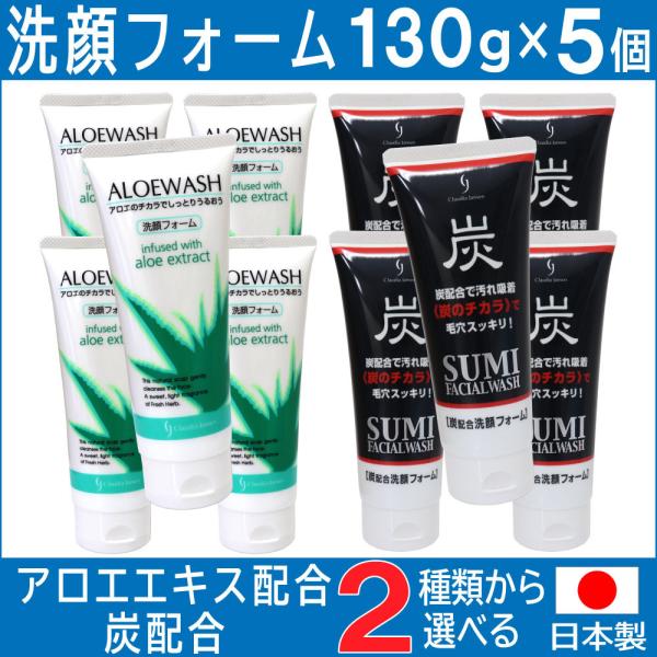 洗顔フォーム アロエ 炭 日本製 130ｇ×5個セット 選べる2種類 アロエエキス 炭の微粒子