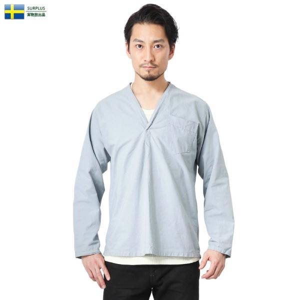 実物 新品 スウェーデン軍 パジャマシャツ LIGHT BLUE メンズ スリーピングシャツ ミリタ...