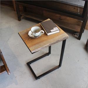 サイドテーブル 木製 ケヤキ材 アイアン コの字型 ソファーサイドテーブル モダン アンティーク おしゃれ 天然木 無垢 鉄 ブラウン 茶色 家具 レトロ