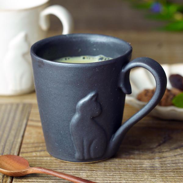 ねこのしっぽマグ ブロンズ黒マット 益子焼 職人の手づくり 猫グッズ マグカップ かわいい おしゃれ...