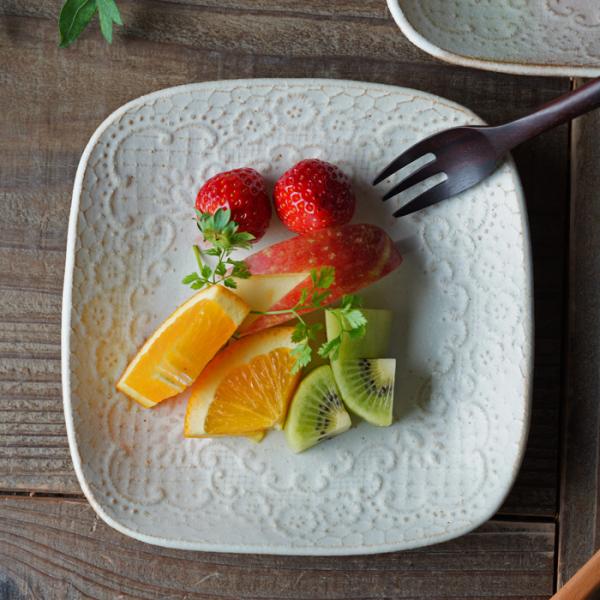 益子焼 チュールレースの角皿 kinari わかさま陶芸 取り皿 スクエア 正方形 ナチュラル おし...