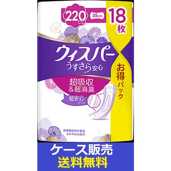 （1ケース販売）「ウィスパ−　うすさら安心　特に多い時も１枚で安心　２２０ｃｃ　１８枚」　12個の詰...