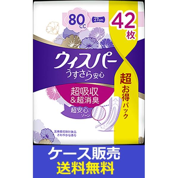 （1ケース販売）「ウィスパ−　うすさら安心　安心の中量用　８０ｃｃ　４２枚」　8個の詰合せ