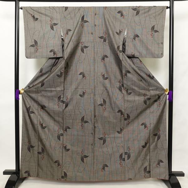 中古 本場奄美大島紬 美品 証紙あり 正絹 木の葉・植物柄 袷仕立て 茶