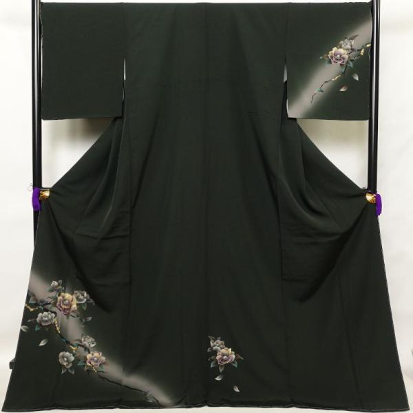 中古 付け下げ 美品 しつけ糸付き 縮緬 共八掛 正絹 箔 金彩 花柄 袷仕立て 大きいサイズ 緑・...