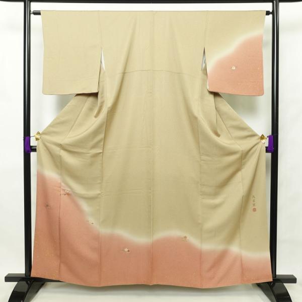 中古 付け下げ 良品 天目染 共八掛 正絹 刺繍 金彩 花柄 袷仕立て 緑・うぐいす色