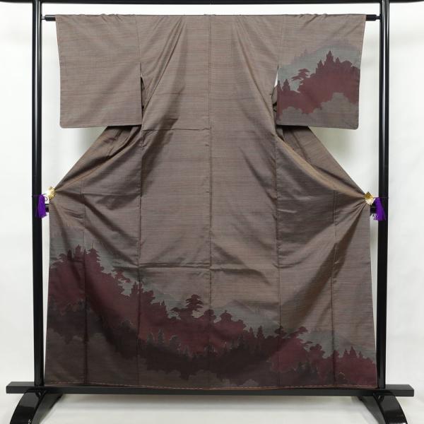 中古 付け下げ 美品 紬地 しつけ糸付き 金彩 附下 正絹 風景柄 袷仕立て 茶