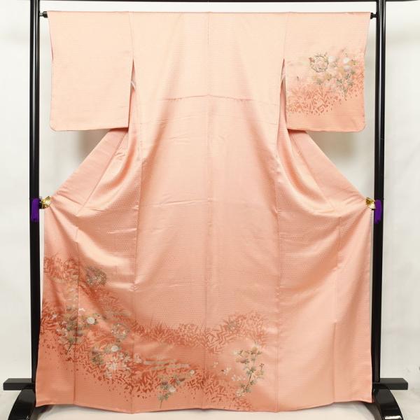 中古 付け下げ 良品 しつけ糸付き 正絹 木の葉・植物柄 袷仕立て 身丈167.5cm 裄丈65.5...