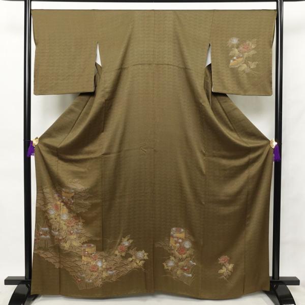 中古 付け下げ 綸子 正絹 古典柄 袷仕立て 身丈164.5cm 裄丈68cm 着物 附下 金彩 緑...