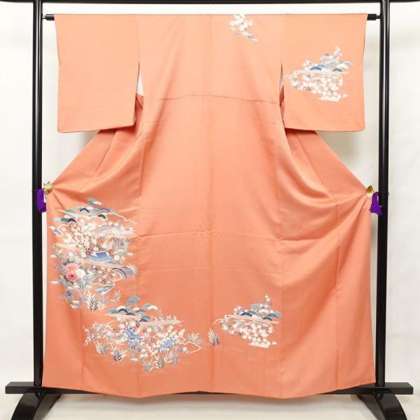 中古 付け下げ 正絹 古典柄 袷仕立て 身丈159.5cm 裄丈64.5cm 着物 刺繍 橙