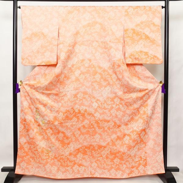 中古 付け下げ 良品 正絹 花柄 袷仕立て 身丈164cm 裄丈66cm 刺繍 橙