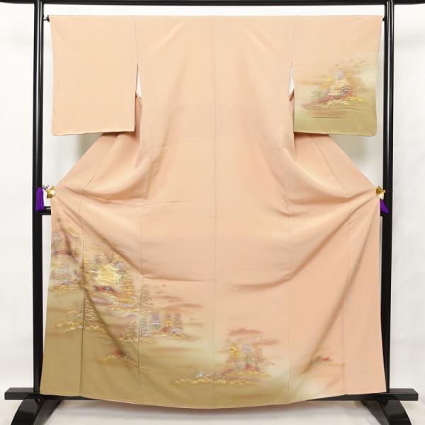 中古 付け下げ 美品 しつけ糸付き 縮緬 正絹 風景柄 袷仕立て 身丈162cm 裄丈67cm 箔 ...