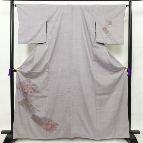 中古 付け下げ スワトウ刺繍 紬地 正絹 古典柄 袷仕立て 身丈164cm 裄丈65.5cm 紫・藤...