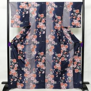 訪問着 袷 紺 藍色 絵羽文様 絵羽柄 辻が花 辻ヶ花 沙羅双樹 夏椿 藤