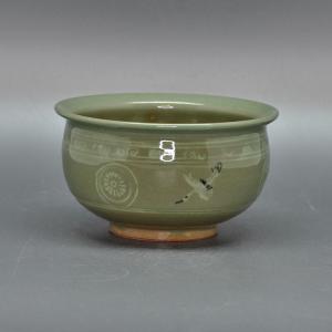 茶道具 水指 水差し 一重口 青磁 雲鶴 中村与平作 一重口水指