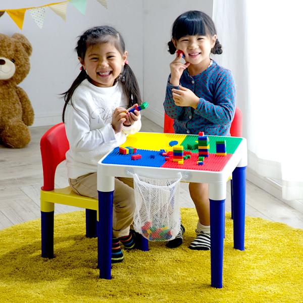 子ども机 テーブル キッズテーブル＆チェアーセット 100ピースブロック付 知育玩具
