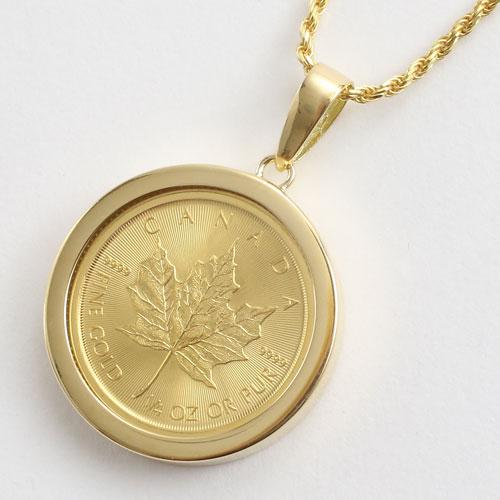 純金 コイン ペンダント メイプルリーフ コイン 金貨 1/4オンス 18金枠 資産 レディース メ...