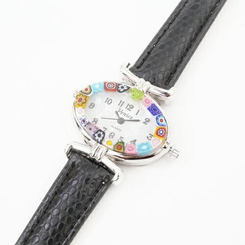 イタリア製 ベネチアンガラス ベネチアングラス 時計 腕時計 ウォッチ ブラック 黒色 ベルト 手作...