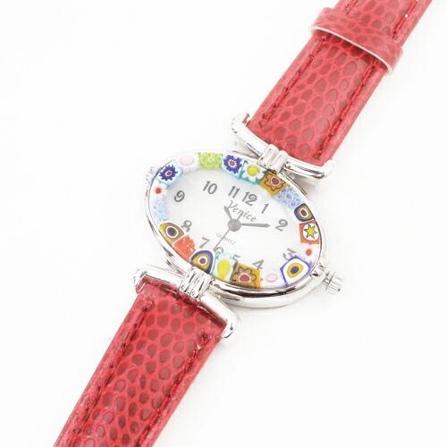 イタリア製 ベネチアンガラス ベネチアングラス 時計 腕時計 ウォッチ レッド 赤色 ベルト 手作り...