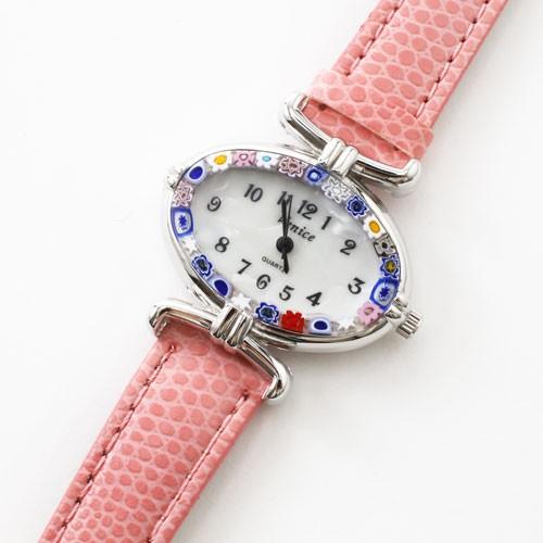 イタリア製 ベネチアンガラス ベネチアングラス 時計 腕時計 ウォッチピンク 桃色 ベルト 手作り ...