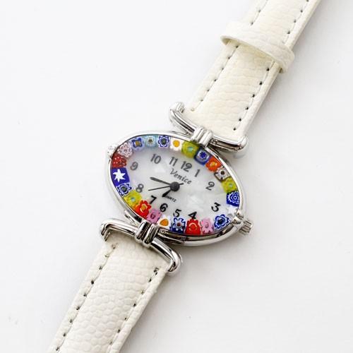 イタリア製 ベネチアンガラス ベネチアングラス 時計 腕時計 ウォッチホワイト 白 ベルト 手作り ...
