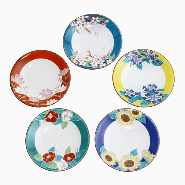 日本製 九谷焼 久谷五彩 磁気 陶器 陶磁器 小皿 お皿 4.6号皿揃 四季の花 セット売  5点セ...