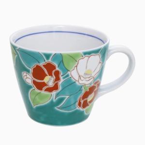 日本製 九谷焼 久谷五彩 磁気 陶器 陶磁器 マグカップ コップ カップ 椿 つばき 花柄 青郊窯 華やか 鮮やか お洒落 オシャレ お祝い 記念日 誕生日 結婚祝い