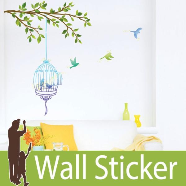 ウォールステッカー 木 鳥 鳥かご 壁紙シール ウォールステッカー 木 ウォールステッカー 壁紙 ウ...