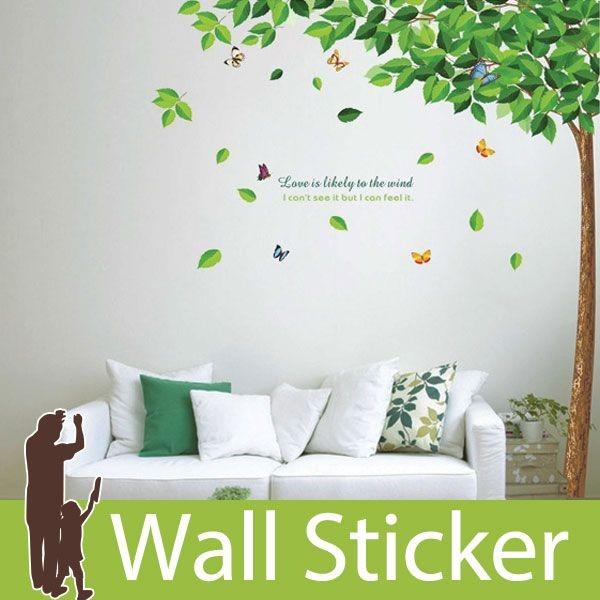 ウォールステッカー 壁 木 緑木と蝶 貼ってはがせる のりつき 壁紙シール ウォールシール 植物 木...