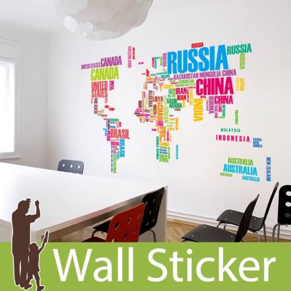 ウォールステッカー 壁 英語 文字 カラフル世界地図 貼ってはがせる のりつき 壁紙シール ウォール...