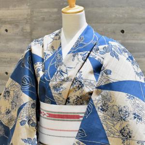 夏 着物　(正絹　絽小紋　辻ヶ花紋様) 正絹 夏 絽 小紋【本手染小紋 茶屋辻/生成り地に灰藍色 11029