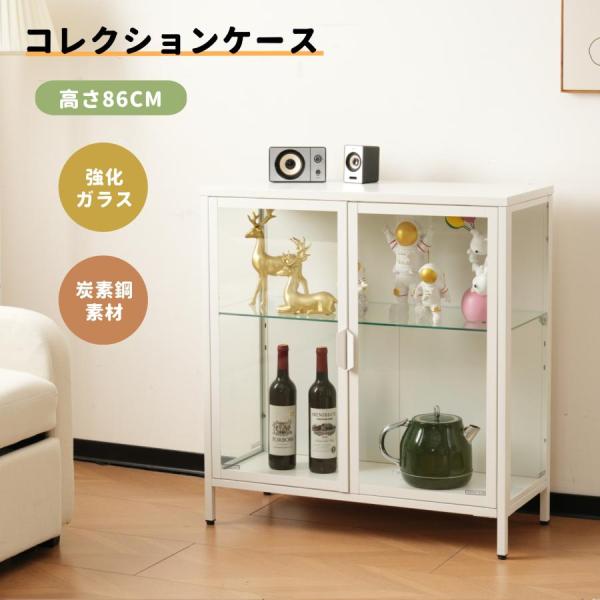 コレクションケース 2段 コレクションシェルフ ガラス扉 ガラスディスプレイ 炭素鋼素材 キャビネッ...