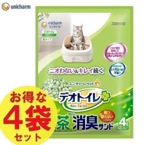 猫砂 シリカゲル デオトイレ 砂 サンド 緑茶 ユニチャーム 飛散らない緑茶成分入り消臭サンド4L×4袋セット｜wannyan