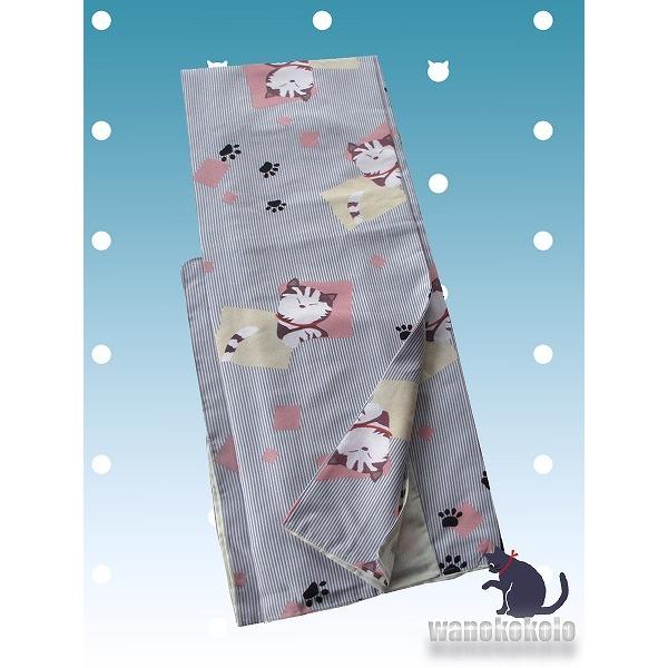洗える着物 袷小紋 平織「M」 白×グレー系/縞・色紙に猫 AHM-413