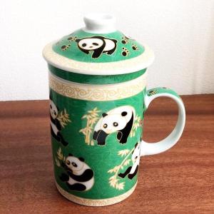 (茶漉し付マグカップ[パンダ])茶漉しと蓋付きで気軽にティータイム(中国茶器 フタ付 大きい 茶こし付きマグカップ 和 台湾 アジアン雑貨 お土産