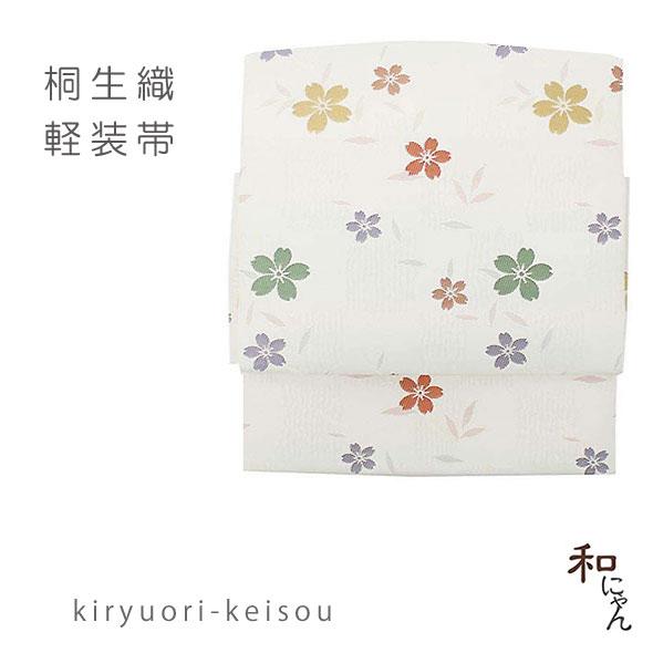 桐生織軽装帯 市松地紋に桜 生成地 仕立上 簡単軽装帯 作り帯 ワンタッチ帯 お太鼓 付け帯 付帯 ...