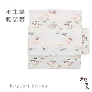 桐生織軽装帯 草花柄 オフホワイト地 花柄 簡単軽装帯 作り帯 ワンタッチ帯 お太鼓 付け帯 付帯 文化帯 京袋帯 カジュアル 小紋 結び帯 名古屋帯