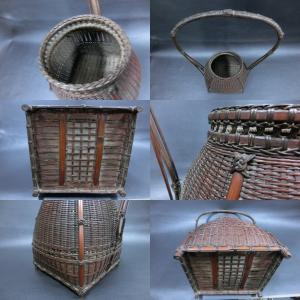 和楽 籠師『竹阿弥』作 細密編堤梁大花籠 燻竹...の詳細画像3