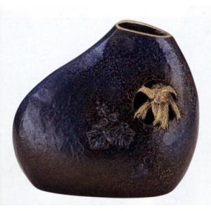 高岡銅器 銅製花瓶 福寿 木瓜に鳥 10号 美術工芸品 記念品 花活 : 日本
