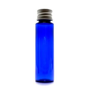 プラスチック容器 30ml PET ストレートボトル [ ボトル：コバルト / アルミキャップ / 穴あき中栓 ]｜warmeburo