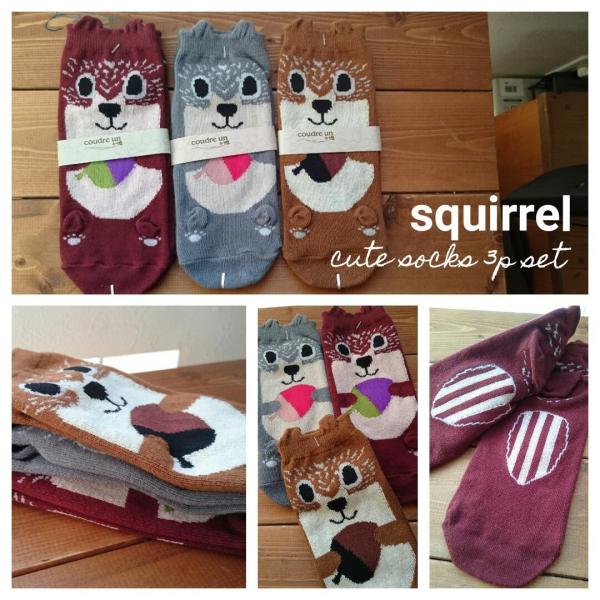 どんぐり持ちのリスさん　靴下3足セット
