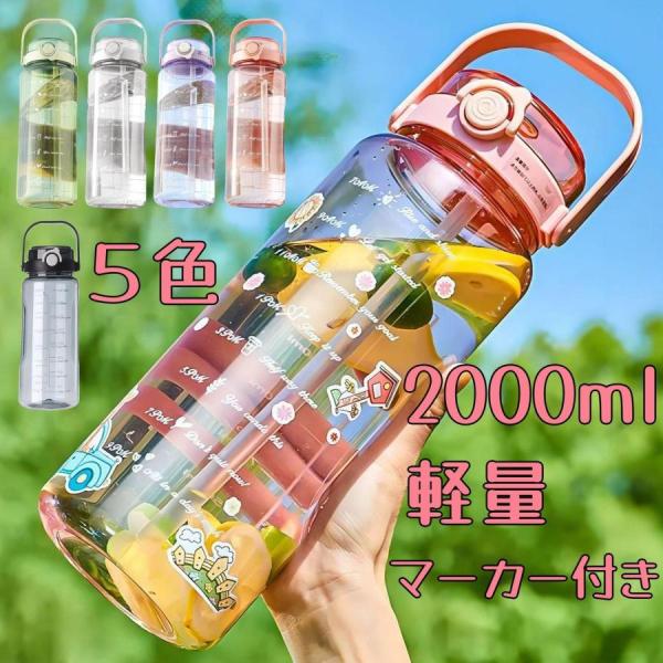 ウォーターボトル 2L ウォーター ボトル2リットル 夏　タイムマーカー　直飲み　大容量水筒　ストロ...