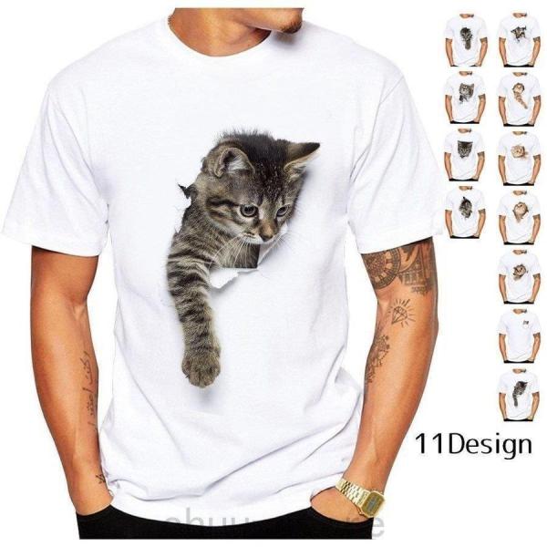 Tシャツ半袖クルーネックトリックアート猫ラウンドネックカットソーメンズ3Dアート立体的プリントTシャ...