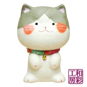 ちぎり和紙 「幸せ多良福ねこ/13cm グレーぶち猫」rs025 龍虎堂 ネコ｜wasai-kobo