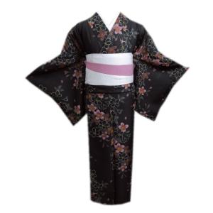 着物 洗える 袷 小紋 半巾帯 細帯 2点セット H・L 黒色地熨斗目菊