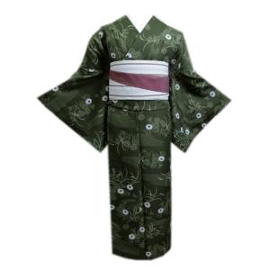 着物 洗える 袷 小紋 半巾帯 細帯 2点セット H・L 濃茄子紺紫地百合