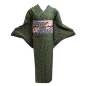 色無地 着物 洗える 袷 と 軽装帯 付け帯 2点セット 渋黄緑色 M L