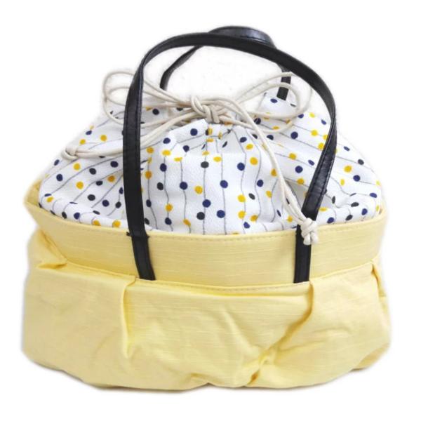 バッグ 巾着 ふわクシュ 白色地ドットライン黄色 浴衣 ゆかた カジュアル 着物 デニム 女性用